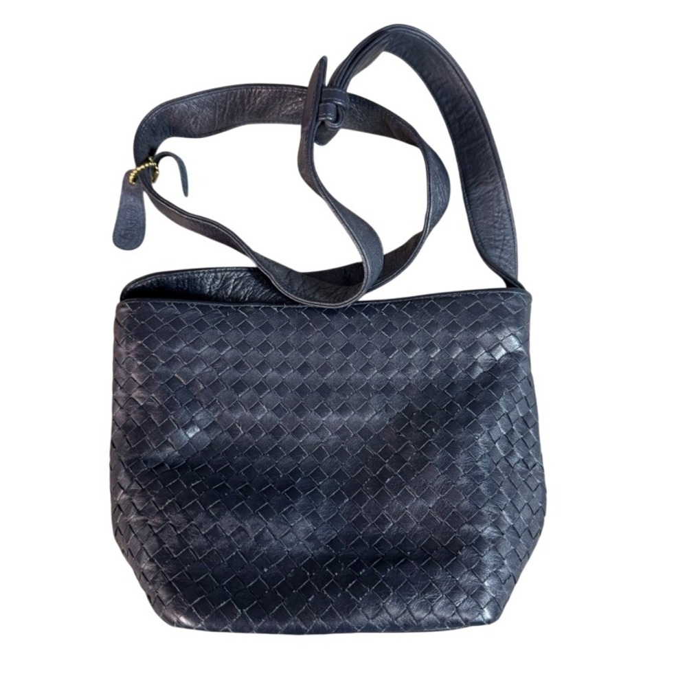 Vintage Aspects Woven Leather Crossbody Bag Navy Blue Woven Bucket Bag Zipper